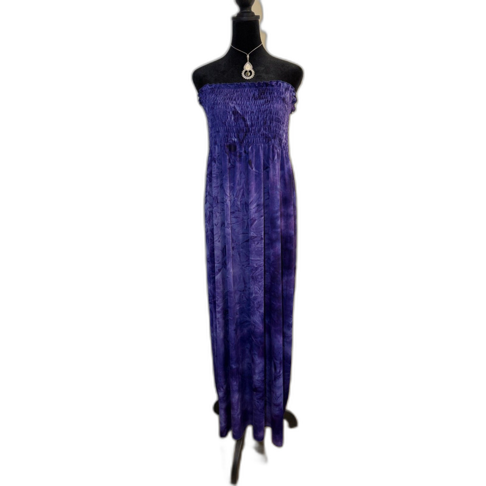 Purple Tie Dye Smocked Strapless Maxi Dress — Stretchy Bandeau Top, Flowy Skirt